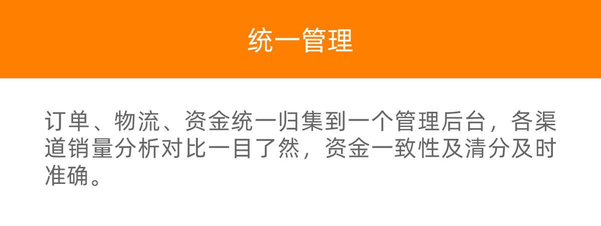 订单、物流、资金统一归集到一个管理后台，各渠道销量分析对比一目了然，资金一致性及清分及时准确。